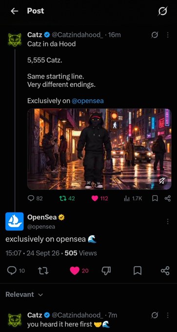 A social media post from Catz (@Catzindahood) promoting 'Catz in da Hood' 5,555 NFT collection on OpenSea, featuring an image of a hooded figure in a cyberpunk-style city.