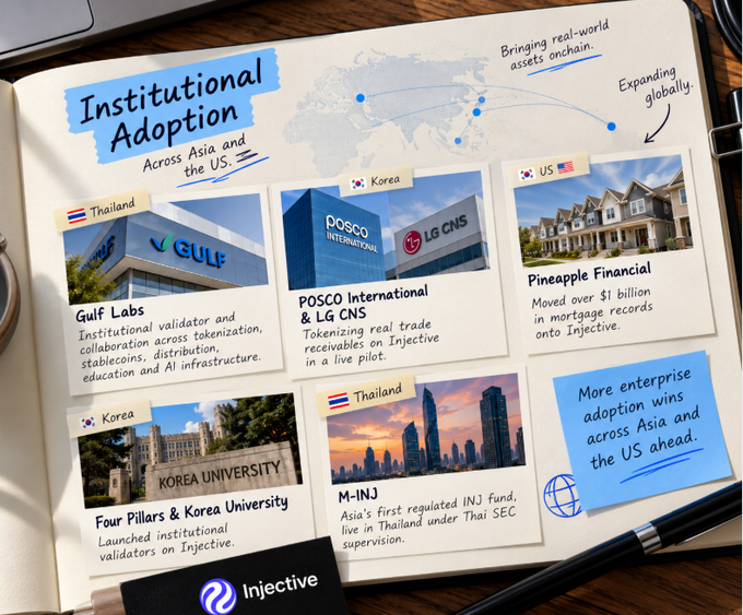 A scrapbook-style infographic about 'Institutional Adoption Across Asia and the US' for Injective, featuring photos and text blocks for Gulf Labs (Thailand), POSCO International & LG CNS (Korea), Pineapple Financial (US), Four Pillars & Korea University, and M-INJ (Thailand).