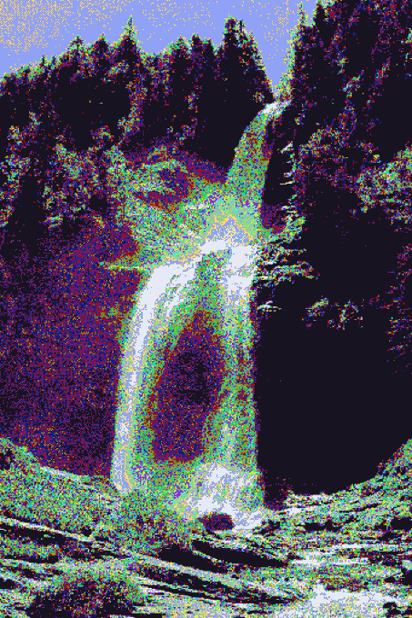 A heavily stylized, high-contrast image with vivid neon colors depicts a glowing figure standing in a dark forest landscape.