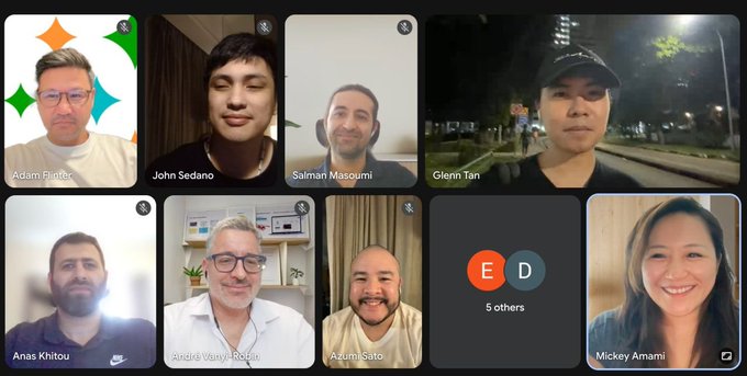 A video conference call screenshot with multiple participants, including Adam Pilver, John Sedano, Salman Masoumi, Glenn Tan, Anas Khitou, André Vanyi-Robin, Azum Sato, and Mickey Amani, with '5 others' indicated.