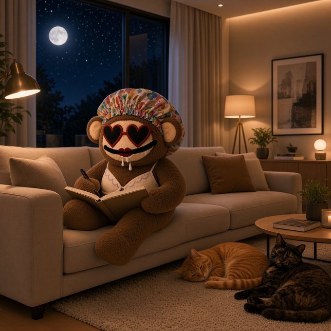 A cozy nighttime scene showing a plush monkey toy wearing a shower cap and heart sunglasses, writing in a notebook on a sofa while two cats sleep nearby beneath a full moon.