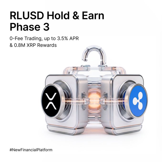 Promotional image for RLUSD Hold & Earn Phase 3, featuring metallic vault-like containers displaying the XRP and Ripple logos, advertising up to 3.5% APR and 0.8M XRP rewards alongside 0-fee RLUSD/USDT spot trading.