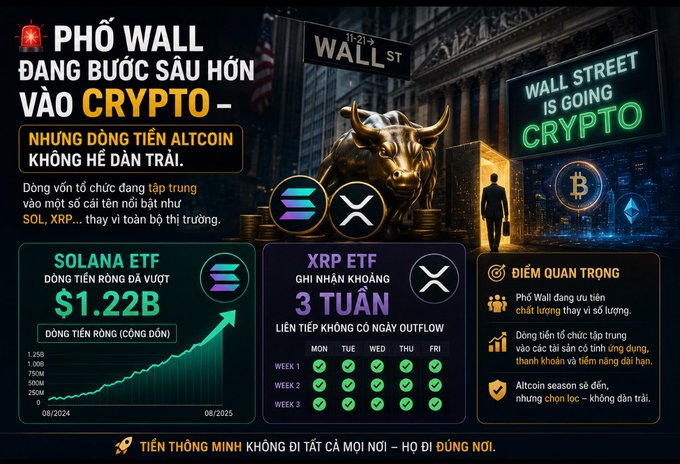 A Vietnamese cryptocurrency infographic titled 'PHỐ WALL ĐANG BƯỚC SÂU HƠN VÀO CRYPTO', highlighting a 'SOLANA ETF' with $1.22B net assets and an 'XRP ETF' with 3 weeks of outflows.