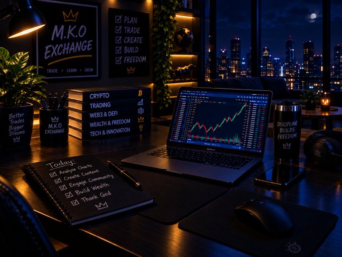 A moody, darkly lit desk setup featuring an 'M.K.O EXCHANGE' sign, a laptop displaying crypto charts, books on crypto trading, a notebook, and a city skyline view through the window.