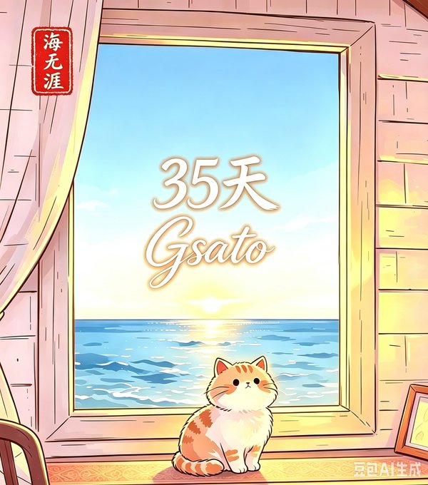 An illustrated scene shows a cat sitting on a windowsill overlooking a sunset ocean, with text reading "35天 Gsato" and "海无涯".