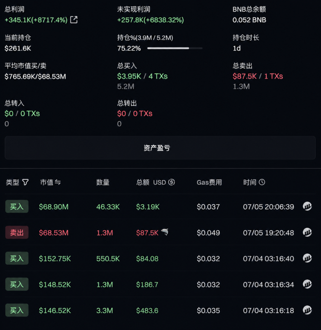 Chinese crypto trading portfolio dashboard showing total profit +345.1K (+8717.4%), unrealized profit +257.8K (+6838.32%), with BNB balance 0.052 BNB, holdings $261.6K, and transaction history including a $87.5K sell.