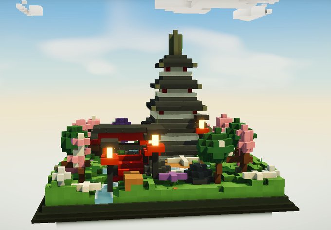A voxel-style 3D rendering of a serene Japanese-inspired garden featuring a multi-tiered pagoda, pink cherry blossom trees, stone lanterns, and a small wooden structure on a grassy base.