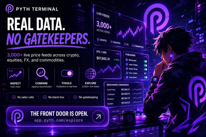 In this image, there's a man wearing a black jacket with a graphic design on it who appears to be interested in data or possibly a trading platform that shows real market data. The background of the image features a purple-hued city skyline. Below the main subject, there is a button labeled "No Gatekeepers" and an advertisement for the Pyth Terminal. The text on this advertisement states, "Real Data No Gatekeepers. 3,000+ live feeds across crypto, equities $3,000/hour + live feeds from your bank." This suggests that the platform offers real-time market data to traders or individuals interested in various markets without relying on traditional financial institutions for information.