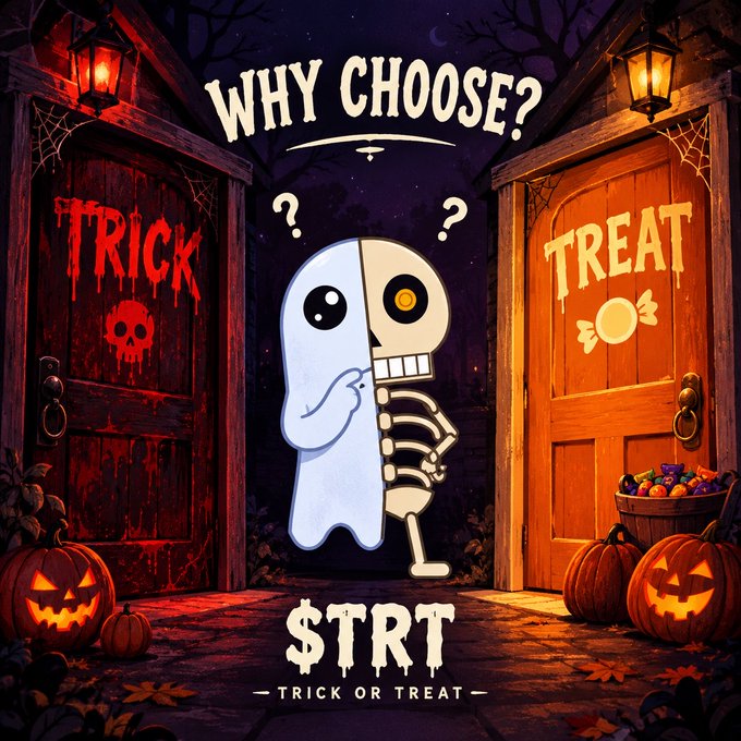 A Halloween-themed graphic asks "WHY CHOOSE?" featuring a half-ghost, half-skeleton character between a creepy red "TRICK" door with jack-o'-lanterns and a welcoming orange "TREAT" door with a candy bowl.