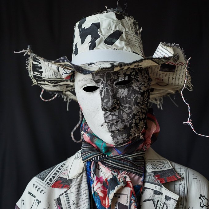 The image features a person wearing a hat, which appears to be made of newspaper clippings or other materials. They are also wearing a mask that covers their face partially. The person's attire consists of a jacket with various patterns on it, including newspaper clippings and other text elements. The post "gmaskin Monday" suggests that the image might have been taken during the Monday morning hours when people often wear unique or eye-catching outfits to express their individuality or make a statement.

The person's face is partially obscured by the mask, which adds an element of mystery to the image. The combination of the hat and mask creates a visually striking scene that captures attention and sparks curiosity about the story behind this individual's choice of attire.