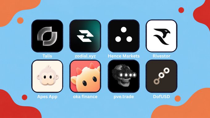 A promotional graphic displaying eight cryptocurrency app icons (Talis, zodiac.xyz, Hence Markets, Rivestor, Apes App, oka finance, pve.trade, DoFUSD) arranged in a grid on a blue background with red accent shapes.