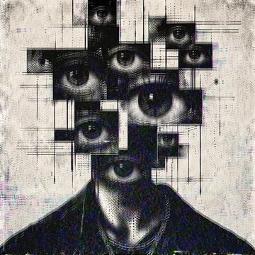 A surreal artwork depicting a figure in a suit with multiple realistic eyes scattered across its face and head, connected by geometric lines.