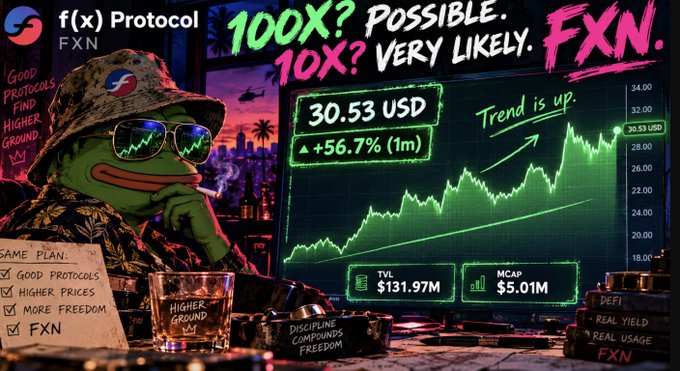 A Pepe the Frog character wearing sunglasses and a hat sits at a desk analyzing FXN (f(x) Protocol), with text showing "100X? POSSIBLE. 10X? VERY LIKELY.", a price of 30.53 USD up 56.7% in 1 month, TVL of $131.97M, and MCAP of $5.01M.