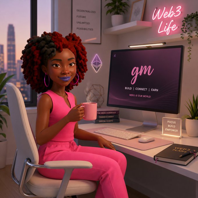 A 3D-rendered character of a Black woman with red curly hair in pink clothing sitting at a desk with a computer displaying 'gm - BUILD | CONNECT | EARN', with a 'Web3 Life' neon sign in the background.