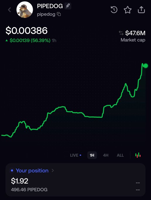 A Robinhood chart shows PIPEDOG trading at $0.00386, up 56.39% ($0.00139) in one hour, with a $47.6M market cap and the poster holding a tiny $1.92 position (496.46 PIPEDOG)—visually underscoring the humorous mismatch between his meme bag and his "millions" dreams.