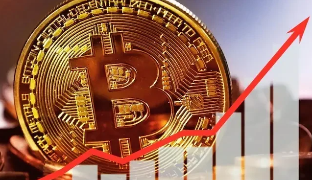 A physical Bitcoin coin is overlaid with an upward-trending red arrow and bar chart, symbolizing rising crypto momentum. This visual reinforces the post's message that Bitcoin and retail-driven crypto markets are climbing as new platforms like Robinhood Chain lower entry barriers.