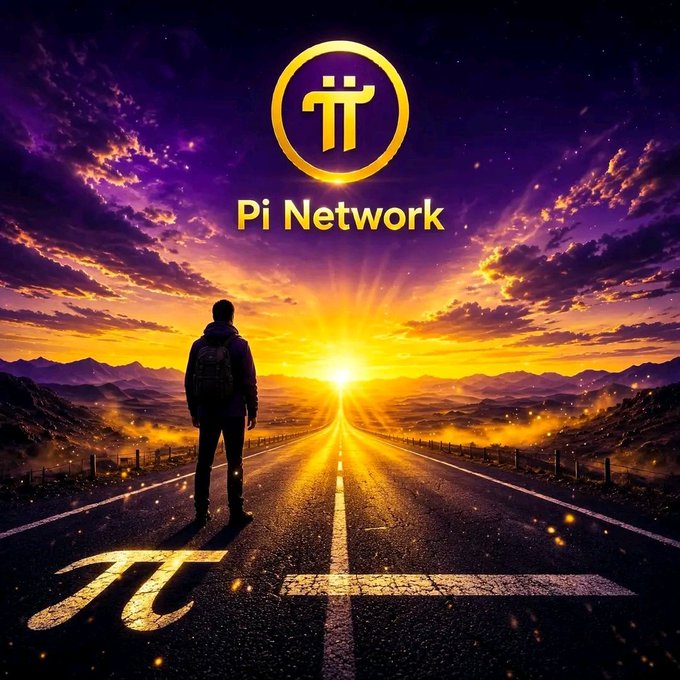 A promotional graphic featuring the 'Pi Network' logo with a silhouette of a person standing on a road facing a dramatic purple and gold sunset, with the Pi symbol glowing on the pavement.
