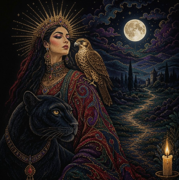 A detailed, colorful illustration in the style of diamond painting depicting a regal woman adorned with jewelry and a radiant headdress, accompanied by a falcon on her arm and a black panther in the foreground, set against a night sky with a full moon and castle in the distance.