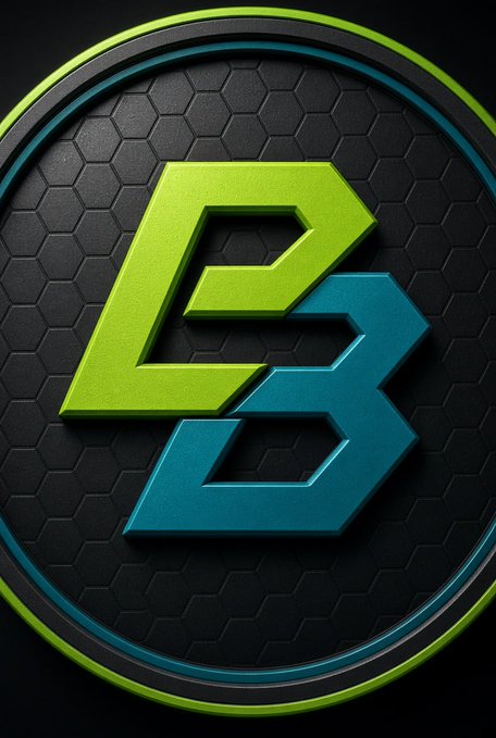 A circular metallic logo featuring stylized green and teal 'DS' or 'B' letters on a dark hexagonal textured background with a green border.