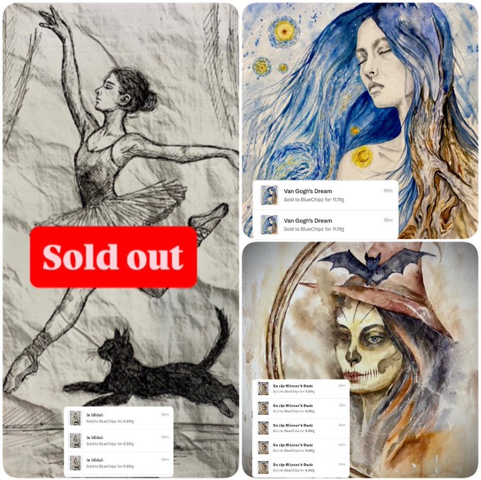 A collage shows art NFT sales activity, including a ballerina sketch marked 'Sold out', 'Van Gogh's Dream' sold for 111ttg, and multiple 'Sei de Wicca's Poni' sales, with watercolor portraits of women with flowing hair.