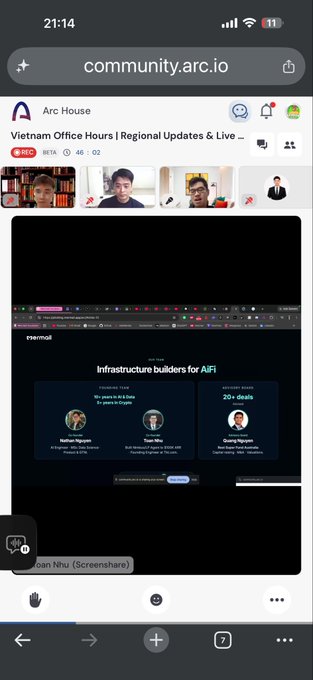 A mobile screenshot of a webpage at community.arc.io showing a live stream titled 'Vietnam Office Hours | Regional Updates & Live' with multiple speaker panels and a screenshare displaying 'epmeta.eth'.