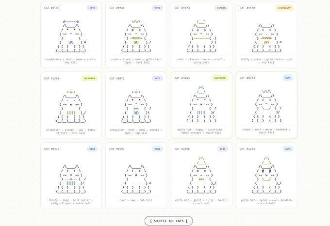A gallery of 12 ASCII art cat variations labeled with attributes like 'EPIC', 'COMMON', and 'LEGENDARY', each tagged with traits such as 'star', 'meow', 'spot', and 'tail', along with a 'SHUFFLE ALL CATS' button.