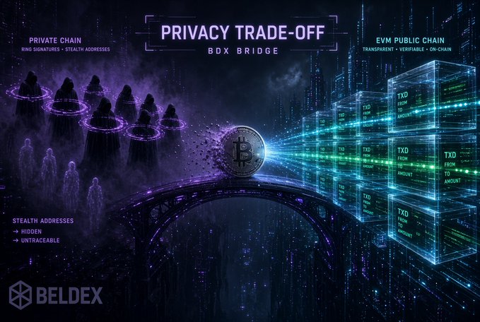 A promotional graphic for BELDEX showing a 'PRIVACY TRADE-OFF' with a 'BDX BRIDGE' connecting a 'PRIVATE CHAIN' with stealth addresses to an 'EVM PUBLIC CHAIN'.
