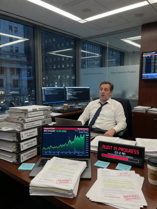 A man sits at a cluttered desk covered in files, a laptop showing a BTC chart at $114,237, and sticky notes labeled 'PENDING REVIEW', 'AUDIT IN PROGRESS', and 'MATERIAL DEFICIENCY'.