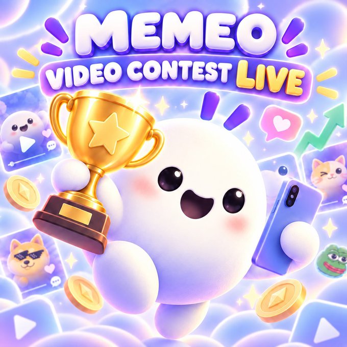A cute white blob mascot holds a gold trophy and a purple smartphone amid floating video thumbnails, coins, and social media icons, with bold text reading "MEMEO VIDEO CONTEST LIVE" — promoting the Memeo video contest where users can win cash prizes by uploading tagged videos to X.