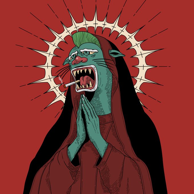An illustration of a green-skinned demonic nun with a spiked halo, fangs, and sharp claws, smoking a cigarette against a dark red background.