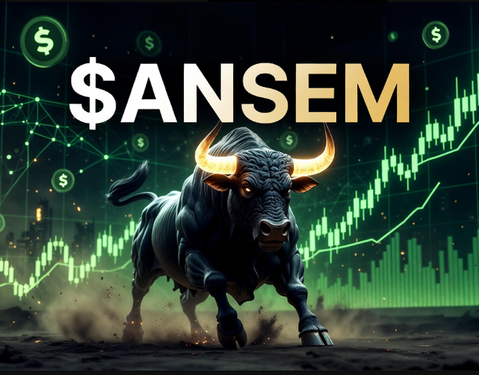 A powerful black bull charges forward against a green candlestick chart background, with the bold text "$ANSEM" displayed prominently at the top and dollar sign icons floating around. The bullish imagery directly reinforces the post's message about $ANSEM's upward growth and increasing legitimacy through Coinbase Wallet integration.