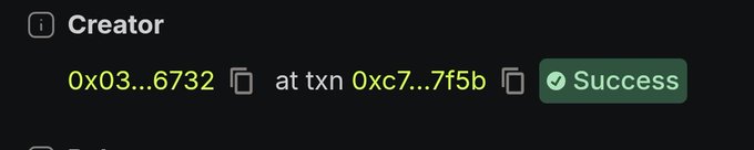A blockchain transaction interface showing 'Creator' information with address 0x03...6732 at txn 0xc7...7f5b marked with a green 'Success' status badge.