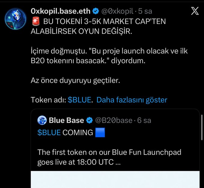 A tweet from 0xkopil.base.eth discussing the launch of $BLUE token on Blue Base's B20 launchpad, which is set to go live at 18:00 UTC, with a quoted tweet from Blue Base (@B20base) showing the announcement "$BLUE COMING." The accompanying post relates to this image by referencing the rapid launch of new coins on emerging networks.