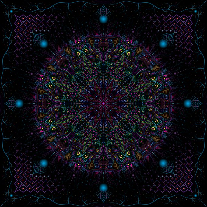 The image features a large, colorful, abstract design with a geometric pattern of circles and lines. The design appears to be a part of an art project or exhibition, as indicated by the caption "Collected 'Subconscious Projection' by @majimagart #tezostuesday". The post is about a piece of artwork that has been created using the concept of projectionism, which involves projecting images onto surfaces and manipulating them to create unique patterns and designs.