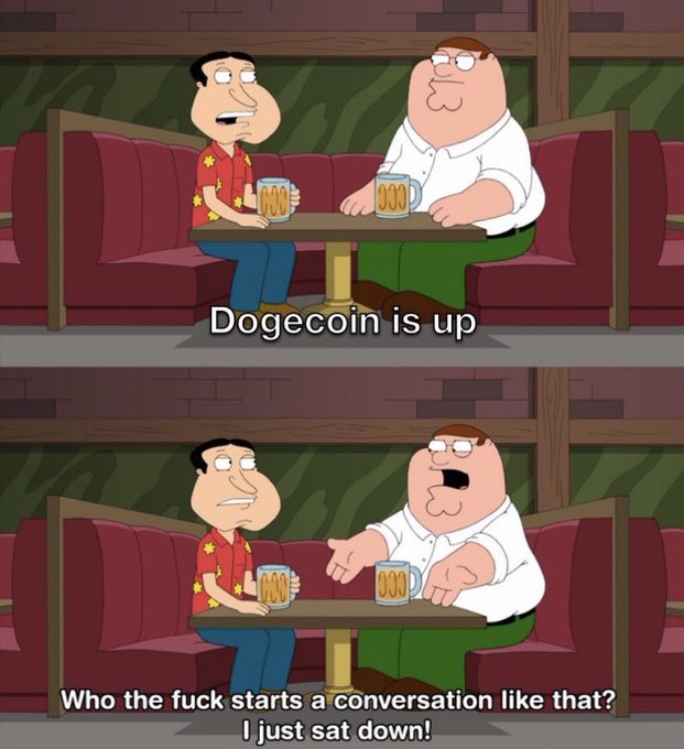Peter Griffin questions why Joe Swanso immediately states "Dogecoin is up" as he sits down, implying the post is referencing Dogecoin's performance or a sudden announcement about it.