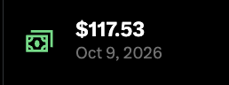The image shows a stock or cryptocurrency price of **$117.53** as of **Oct 9, 2026**, alongside a green money icon. Given the post's mention of "1 SOL," this likely represents the price of one Solana (SOL) token, illustrating the value of a single coin as part of the user's "1 SOL and a dream" reference.