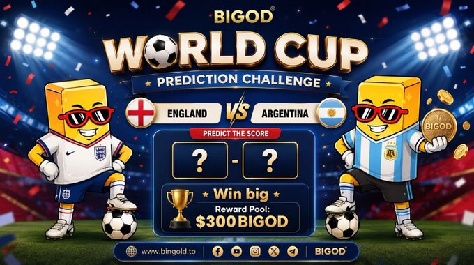 A promotional graphic for 'BIGOD WORLD CUP PREDICTION CHALLENGE' featuring a match between England and Argentina with a $300 BIGOD reward pool.