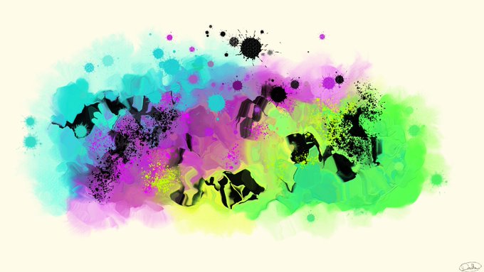 An abstract digital painting featuring vibrant splashes of cyan, magenta, purple, and green colors with black ink splatters on a white background.