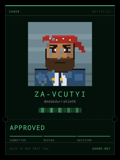 A digital approval card displaying a pixel-art pirate character with a red bandana, marked 'ZADDR', 'WHITELIST', and 'APPROVED' with the username '@mdabdurrahim98'.