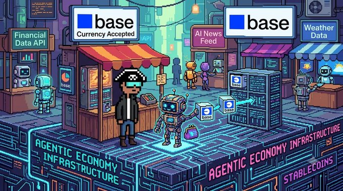 A colorful pixel-art style illustration depicting an 'Agentic Economy Infrastructure' marketplace with 'base' branded storefronts labeled 'Financial Data API', 'Currency Accepted', 'AI News Feed', and 'Weather Data', featuring robots and a character with pixelated sunglasses.