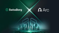 A promotional graphic featuring the logos of SwissBorg and Arc against a stylized blue and green technological city background.