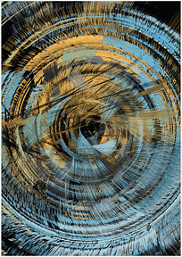 The image shows an abstract generative artwork featuring swirling, textured patterns in shades of teal and orange/gold radiating outward from a dark central point, with no visible text or numbers.

This piece exemplifies the author's Tezos-based generative art collection on fxhash, aligning with the post's mention of #GenerativeArt and #CryptoArt as part of their curated examples from the platform.