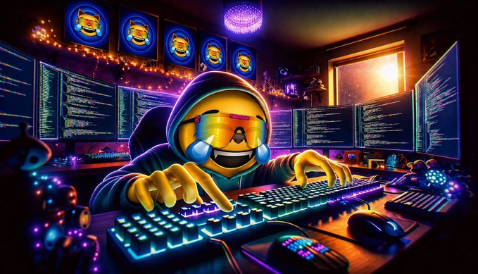 Stylized illustration of a hacker in a hoodie with a smiley mask typing on a glowing RGB keyboard, surrounded by multiple monitors displaying code in a neon-lit cyberpunk setup.