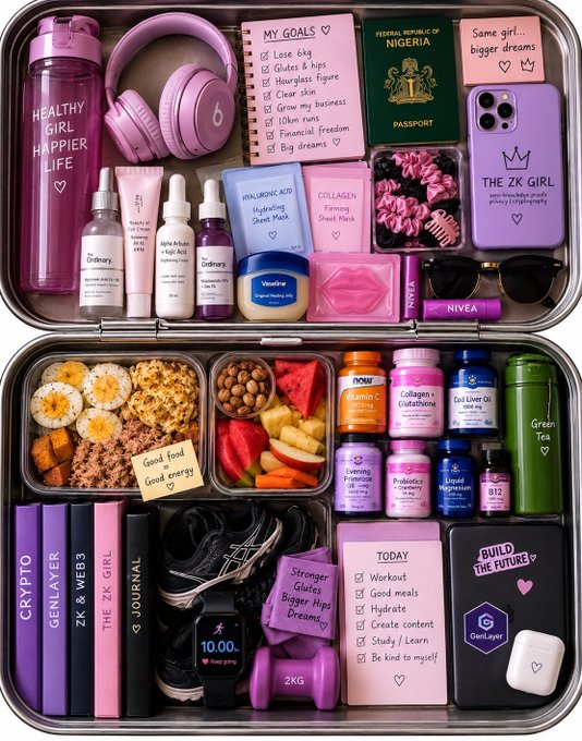 A stylized, pink-themed 'That Girl' lifestyle flat lay featuring healthy meals, supplements, fitness books ('GEN LAYER 3', 'THE ZK GIRL'), beauty products, a water bottle labeled 'HEALTHY GIRL HAPPIER LIFE', and motivational notes.