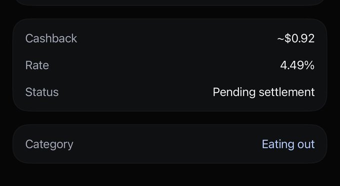 A mobile app interface displaying transaction details including a cashback amount of approximately $0.92, a rate of 4.49%, a 'Pending settlement' status, and categorized under 'Eating out'.