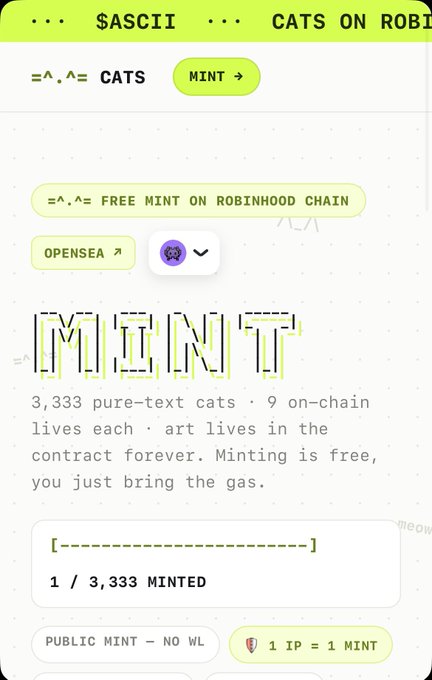 A mobile webpage for ASCII CATS on Robinhood chain, showing details for a free mint with 1/3,333 already minted and a public mint status.