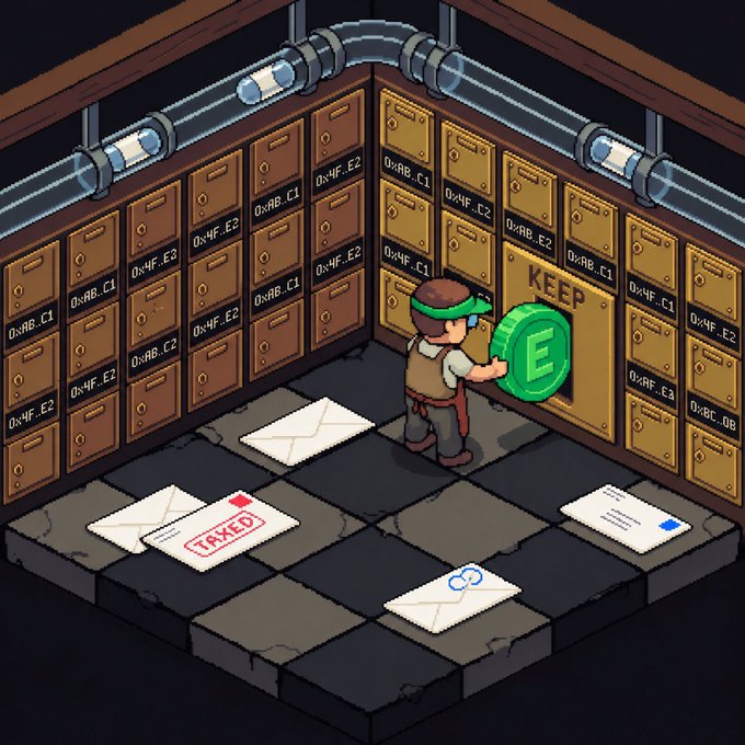 A pixel art illustration of a character placing an 'E' token (Ethereum) into a vault labeled 'KEEP' among rows of numbered safe deposit boxes, with envelopes scattered on the floor including one stamped 'TAXED', representing crypto storage.
