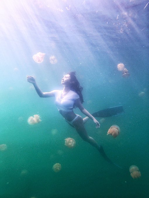 A woman in a white swimsuit gracefully swims underwater surrounded by jellyfish, with sunbeams piercing through the turquoise water above her.