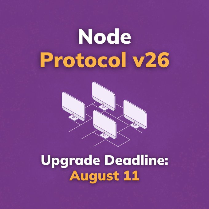 A purple graphic announces 'Node Protocol v26' with an upgrade deadline of August 11, featuring an illustration of four connected computer monitors.
