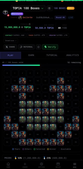 A screenshot of a crypto minting platform showing 'TOPIA 100 Boxes' with a grid of 100 NFT boxes, 48 sold, featuring creator 'GellerCo' and a total box prize of 50,000 TOPIA.